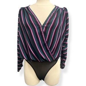 Astr Women’s Plunging V Neck Bodysuit Blue Pink Stripe Long Sleeve Top Size Med